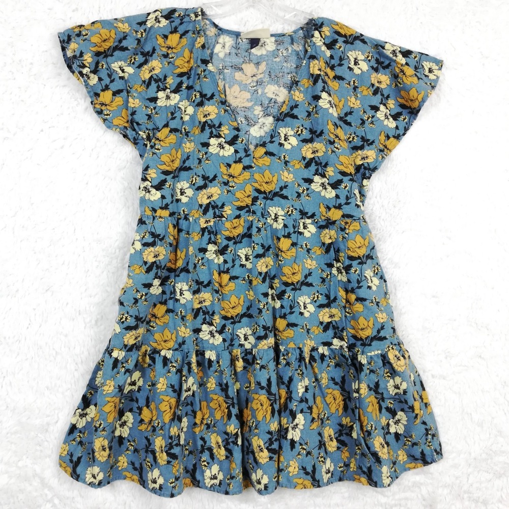 Universal Thread Womens Skater Dress Mini Linen Blend Blue Floral Flutter M
